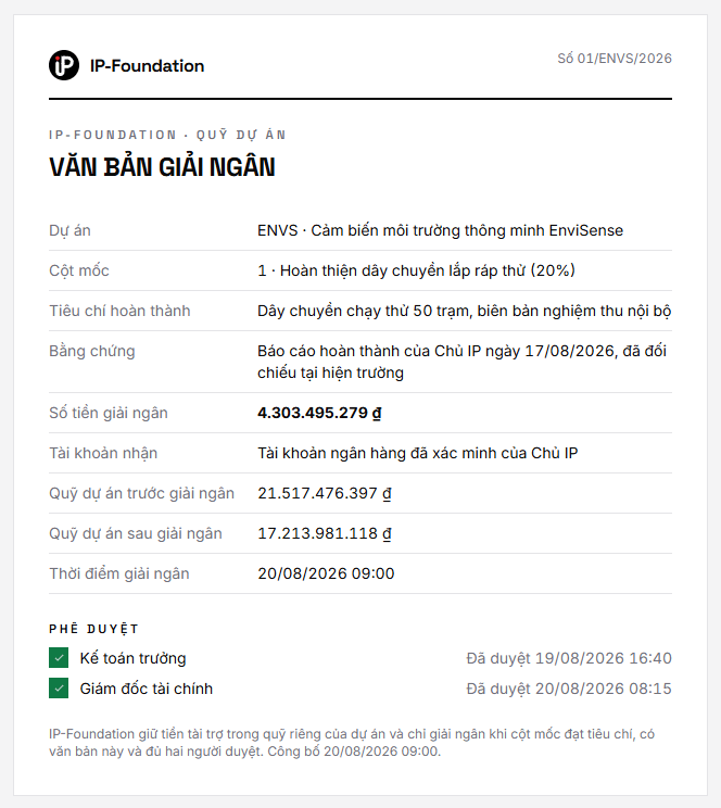 Văn bản giải ngân cột mốc 1, có hai người duyệt: kế toán trưởng và giám đốc tài chính